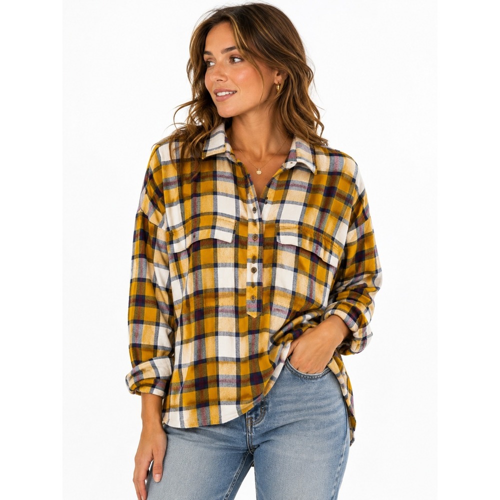 Old Navy Flannel Shirt Yellow Plaid Cotton Boyfriend Oversized Henley Blouse M - Picture 2 of 8